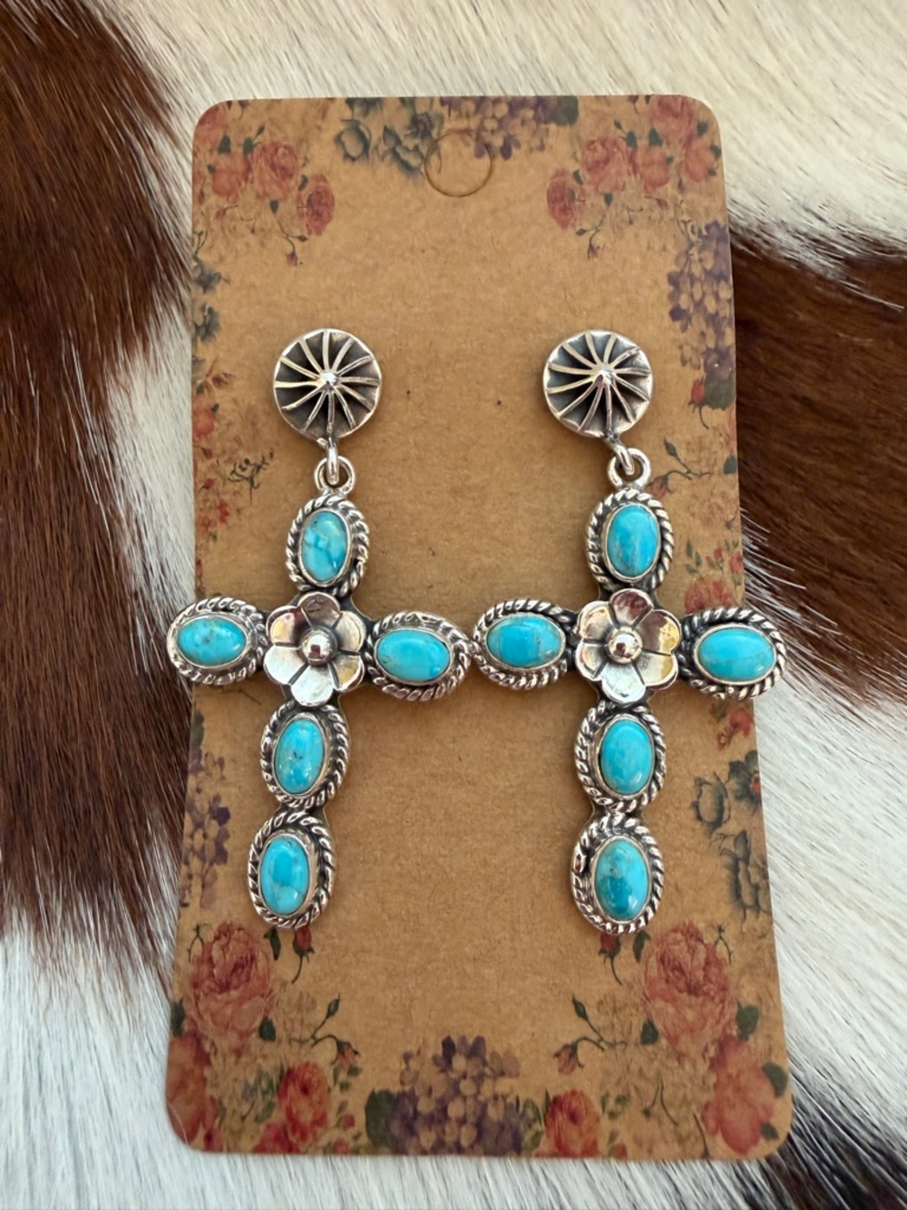 ❤️ Kingman Turquoise Cross Conchos Floral Sterling Silver Hand Made Earrings 2”L